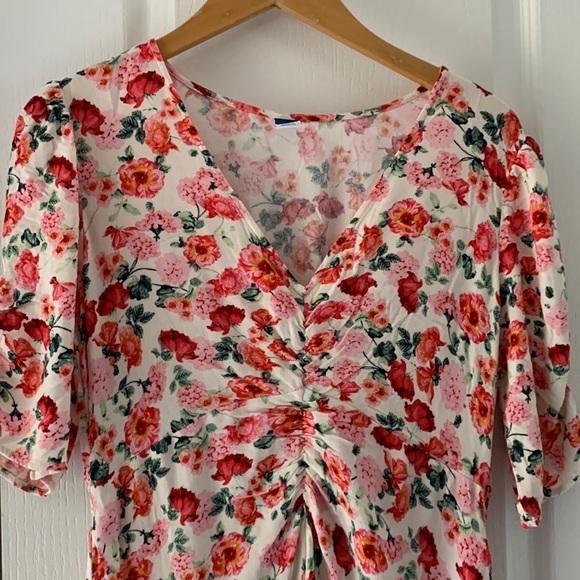 Floral Puff-Sleeve V-Neck Crepe Midi Dress for Women size M Old Navy cottage - Picture 9 of 13